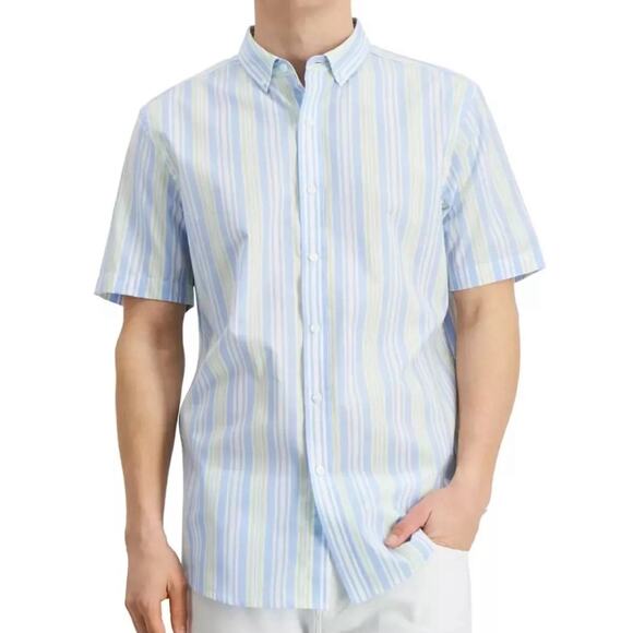 Ben Sherman Modern Fit Button Down Collar Short Sleeve Size M Blue Yellow Stripe - Picture 1 of 7
